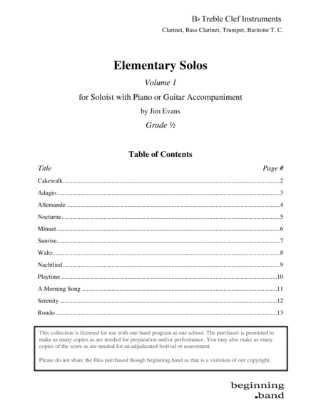 Elementary Solos Volume 1 For Bb Clarinet Trumpet Bass Clarinet And Baritonet C Sheet Music