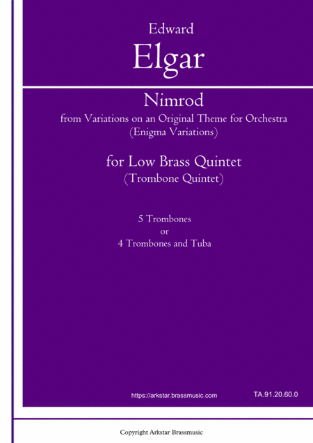 Elgar Nimrod From Enigma Variation Variations On An Original Theme For Orchestra For Low Brass Trombone Quintet Sheet Music