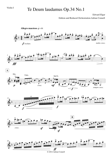 Elgar Te Deum Reduced Orchestration Violin 1 Sheet Music