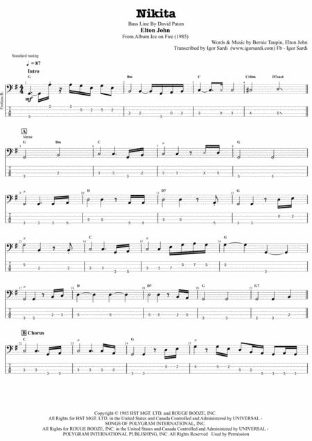 Elton John Nikita Complete And Accurate Bass Transcription Whit Tab Sheet Music