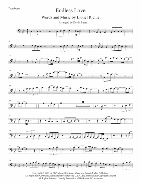 Endless Love Original Key Trombone Sheet Music