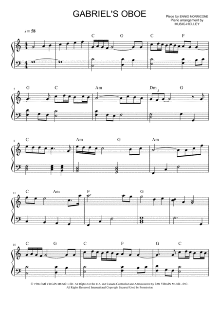 Free Sheet Music Ennio Morricone Gabriels Oboe Easy Piano Sheet In C