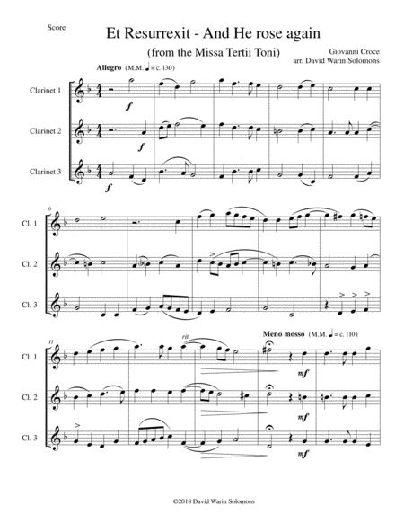 Et Resurrexit And He Rose Again For 3 Clarinets Sheet Music