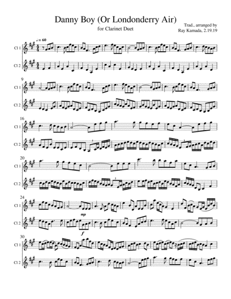 Etude For Clarinet Duet Based On Danny Boy Londonderry Air Sheet Music