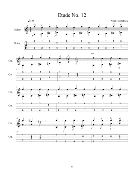 Free Sheet Music Etude No 12 For Guitar By Neal Fitzpatrick Tablature Edition