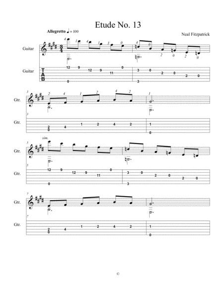 Free Sheet Music Etude No 13 For Guitar By Neal Fitzpatrick Tablature Edition