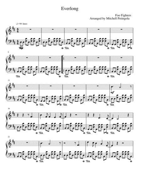 Everlong Piano Solo Arrangement Sheet Music