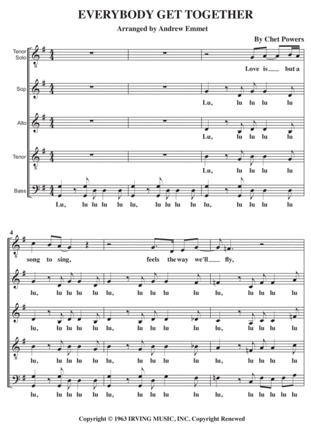 Free Sheet Music Everybody Get Together A Cappella