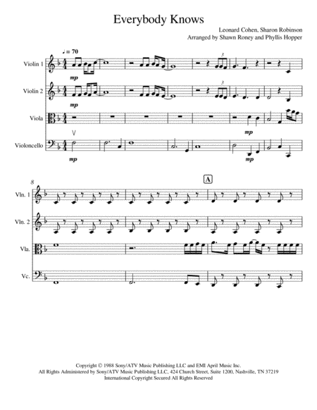 Everybody Knows Score String Quartet Sheet Music