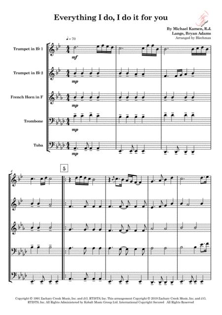 Free Sheet Music Everything I Do I Do It For You For Brassquintet