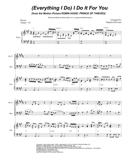 Free Sheet Music Everything I Do I Do It For You For Woodwind Quartet