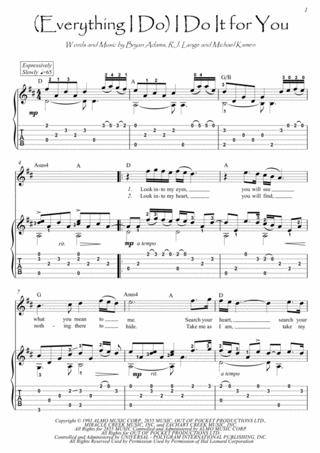 Everything I Do I Do It For You Guitar Fingerstyle Sheet Music