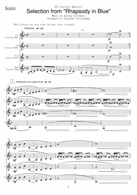 Ez Clarinet Quartet Selection From Rhapsody In Blue Sheet Music