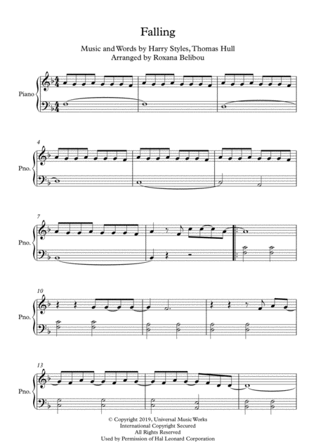 Falling F Major By Harry Styles Easy Piano Sheet Music