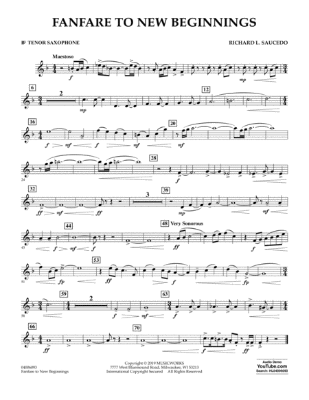 Free Sheet Music Fanfare For New Beginnings Bb Tenor Saxophone