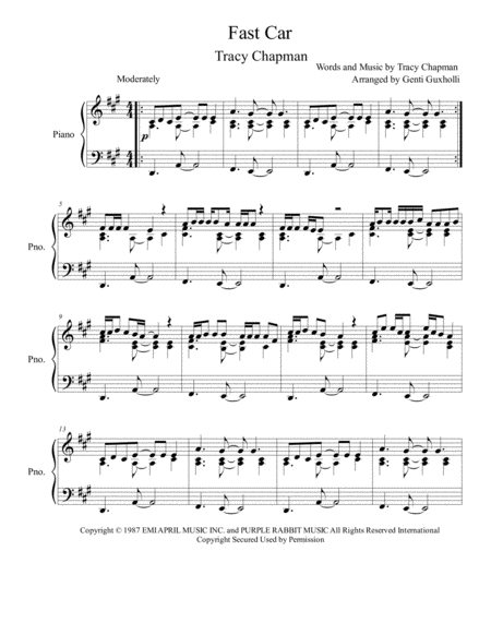 Fast Car Piano Solo Sheet Music