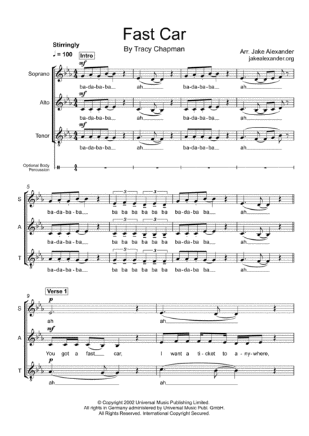 Fast Car Sat Sheet Music