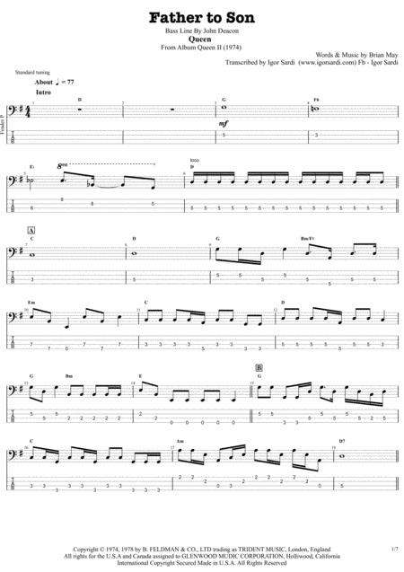 Father To Son Queen John Deacon Complete And Accurate Bass Transcription Whit Tab Sheet Music