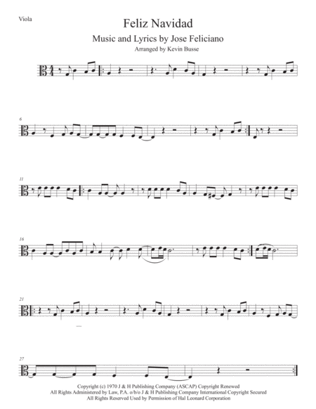 Feliz Navidad Easy Key Of C Viola Sheet Music