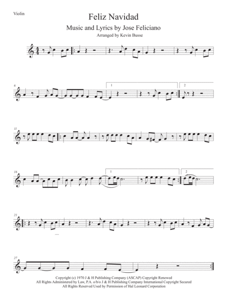 Feliz Navidad Easy Key Of C Violin Sheet Music