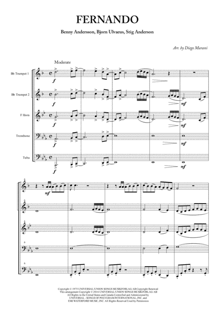 Fernando By Abba For Brass Quintet Sheet Music