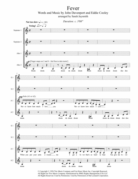Free Sheet Music Fever By Peggy Lee Ssaa A Cappella Arranged By Sarah Jaysmith