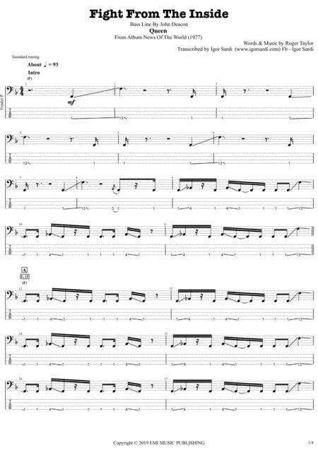 Free Sheet Music Fight From The Inside Queen John Deacon Complete And Accurate Bass Transcription Whit Tab