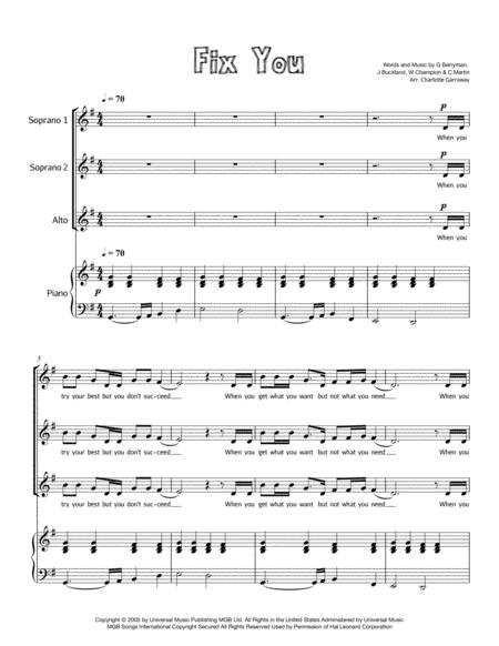 Fix You 3 Part Junior Choir Sheet Music