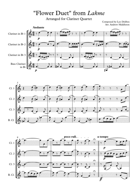 Flower Duet From Lake For Clarinet Quartet Sheet Music