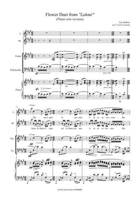 Free Sheet Music Flower Duet From Lakm Arranged For 2 Voices And Piano Trio