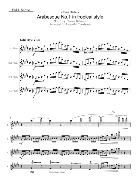 Flute Qartet Arabesque No 1 In Tropical Style Sheet Music