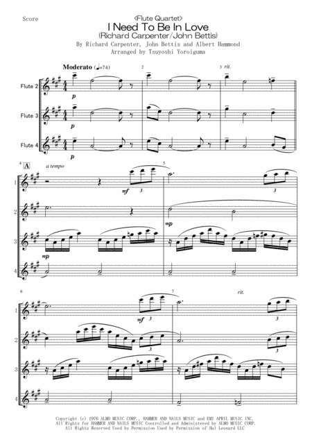 Flute Quartet I Need To Be In Love Richard Carpenter John Bettis Sheet Music