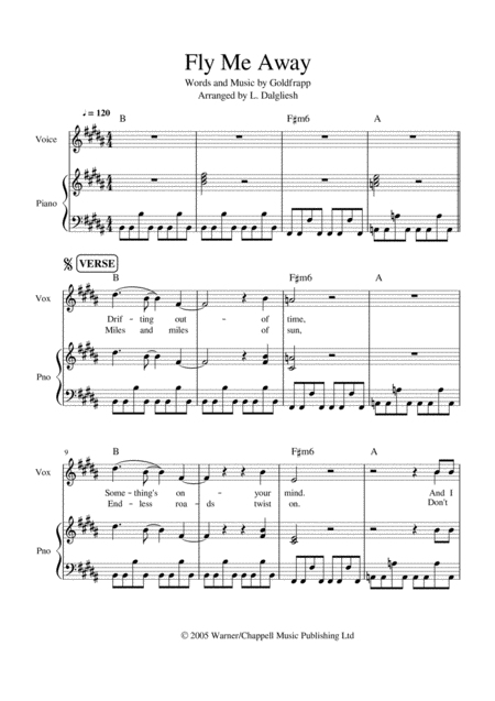 Free Sheet Music Fly Me Away Goldfrapp Piano Vocal