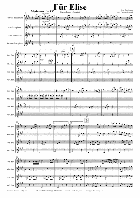 For Elise Ludwig Van Beethoven Saxophone Quartet Sheet Music