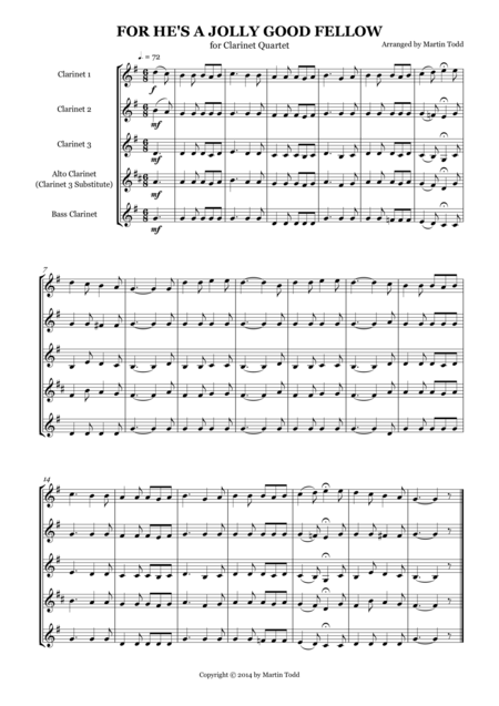 For Hes A Jolly Good Fellow For Clarinet Quartet Sheet Music