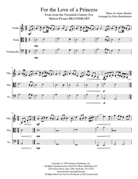 Free Sheet Music For The Love Of A Princess For String Trio Violin Viola Cello From The Twentieth Century Fox Motion Picture Braveheart