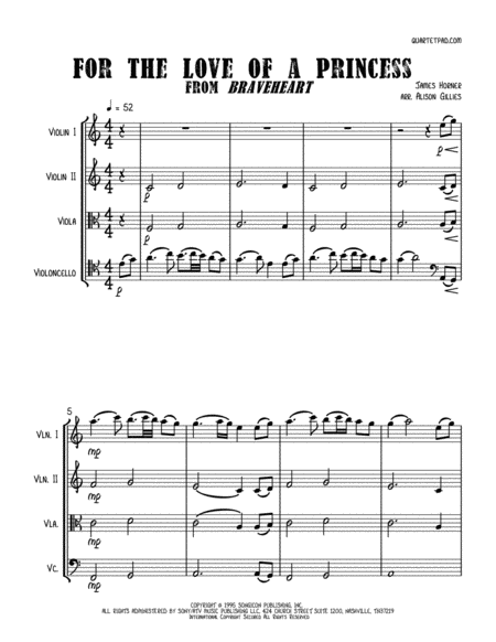 Free Sheet Music For The Love Of A Princess From Braveheart String Quartet