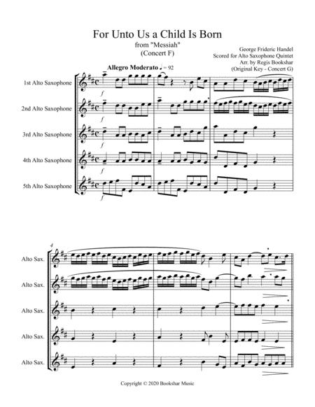 For Unto Us A Child Is Born From Messiah F Alto Saxophone Quintet Sheet Music