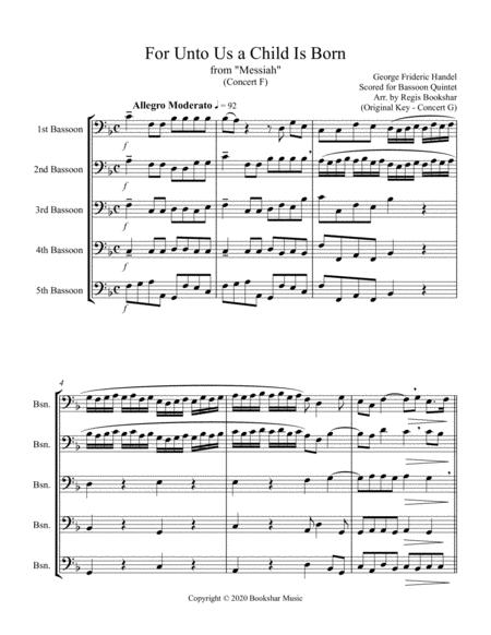 For Unto Us A Child Is Born From Messiah F Bassoon Quintet Sheet Music