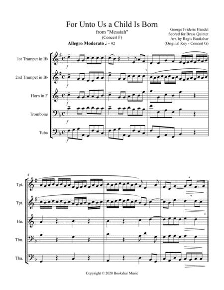 Free Sheet Music For Unto Us A Child Is Born From Messiah F Brass Quintet