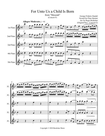 Free Sheet Music For Unto Us A Child Is Born From Messiah F Flute Quintet