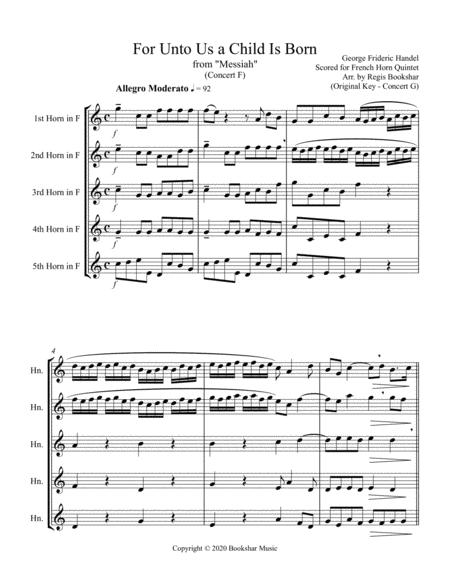 For Unto Us A Child Is Born From Messiah F French Horn Quintet Sheet Music