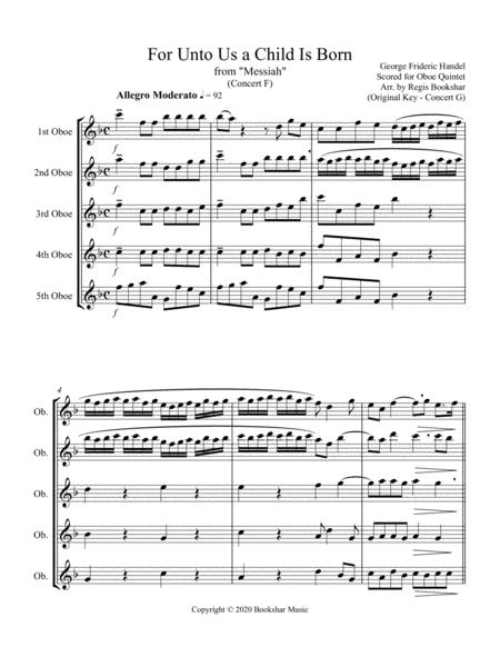 Free Sheet Music For Unto Us A Child Is Born From Messiah F Oboe Quintet