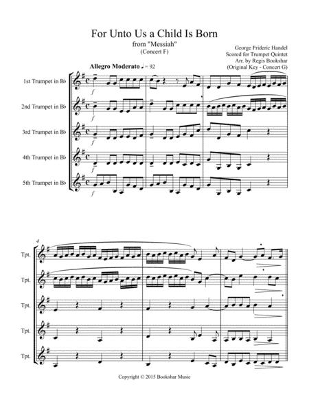 For Unto Us A Child Is Born From Messiah F Trumpet Quintet Sheet Music