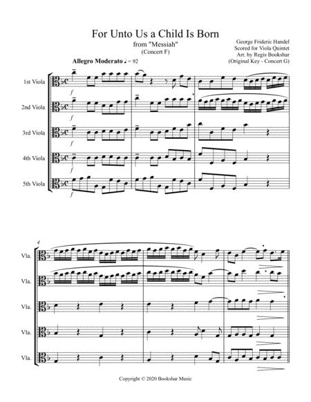 For Unto Us A Child Is Born From Messiah F Viola Quintet Sheet Music