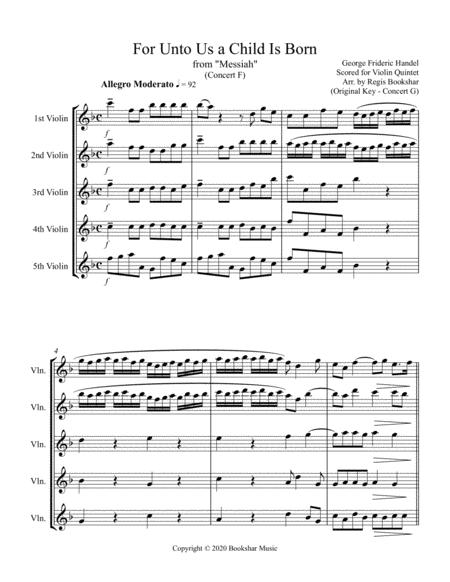 Free Sheet Music For Unto Us A Child Is Born From Messiah F Violin Quintet