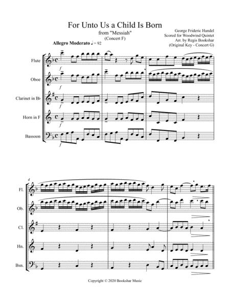 For Unto Us A Child Is Born From Messiah F Woodwind Quintet Sheet Music