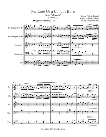 For Unto Us A Child Is Born From Messiah G Brass Quintet Sheet Music