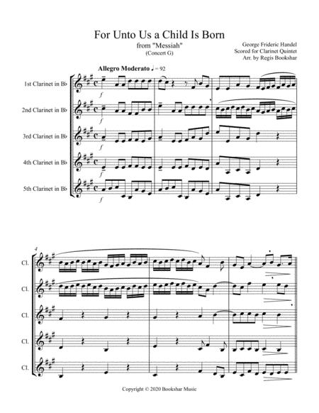 For Unto Us A Child Is Born From Messiah G Clarinet Quintet Sheet Music