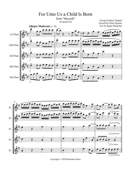 For Unto Us A Child Is Born From Messiah G Flute Quintet Sheet Music